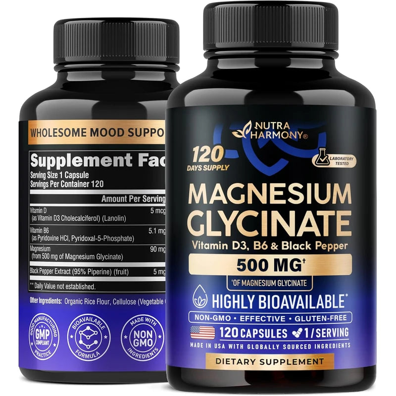 Glicinato de magnesio 500 mg – Suplemento quelatado – 98% de alta absorción – Apoyo para el sueño, la salud muscular y cardíaca – Fabricado en Estados Unidos, probado en laboratorio y sin OMG – 120