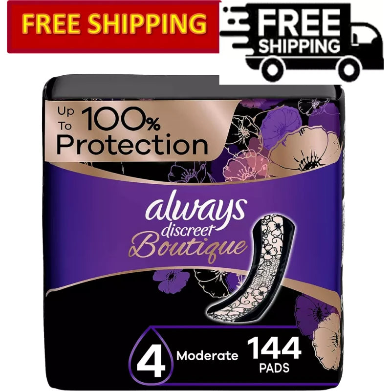 Always Discreet Boutique Incontinence Pads, Size 4, Moderate, Regular, 144 Count