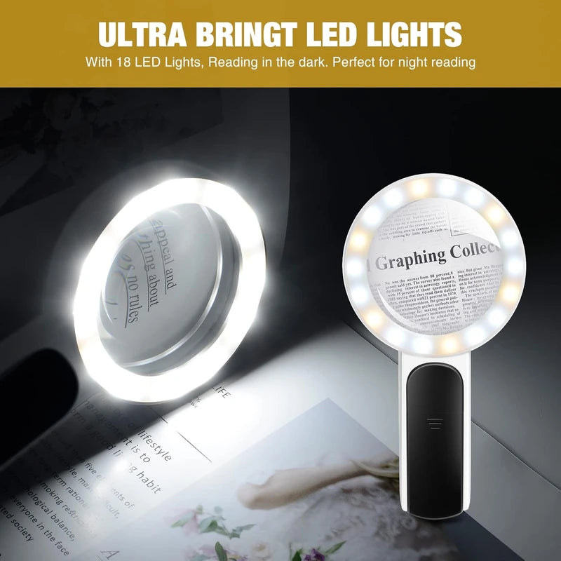 Magnifying Glass with Light, 30X Handheld Large Magnifying Glass 18LED Cold and Warm Light with 3 Modes, Illuminated Lighted Magnifier for Seniors Reading, Inspection, Coins, Jewelry, Exploring