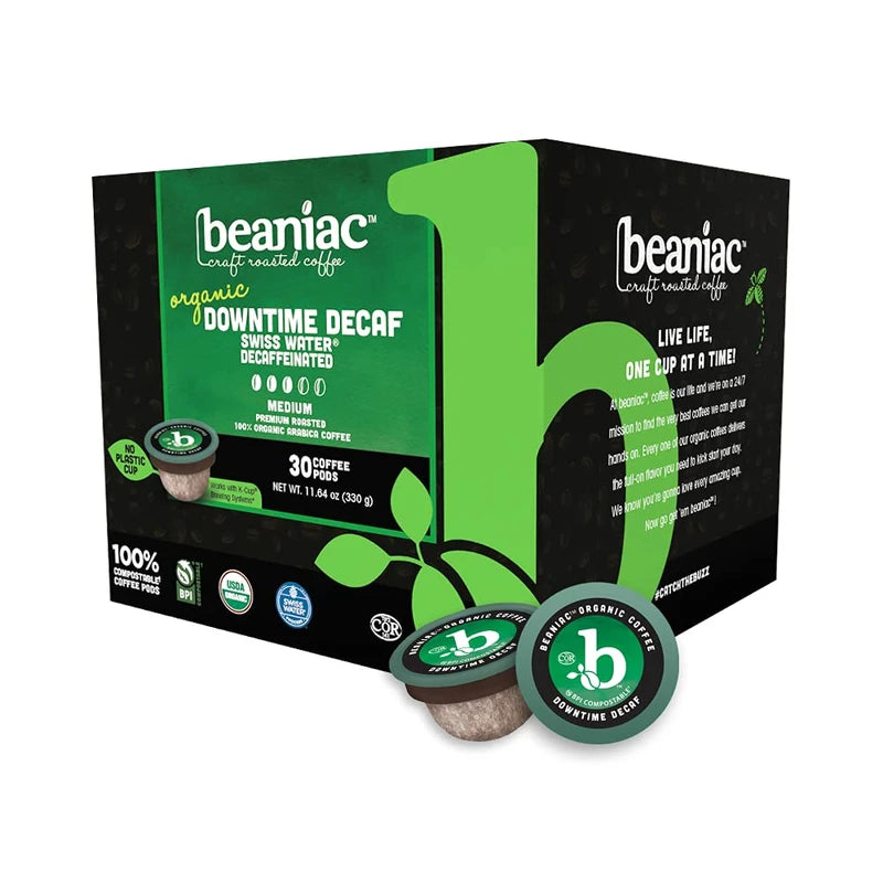 beaniac Organic Down Time Decaffeinated Medium Roast, Single Serve Coffee Pods, Arabica Coffee, Plant-Based, 30 Count