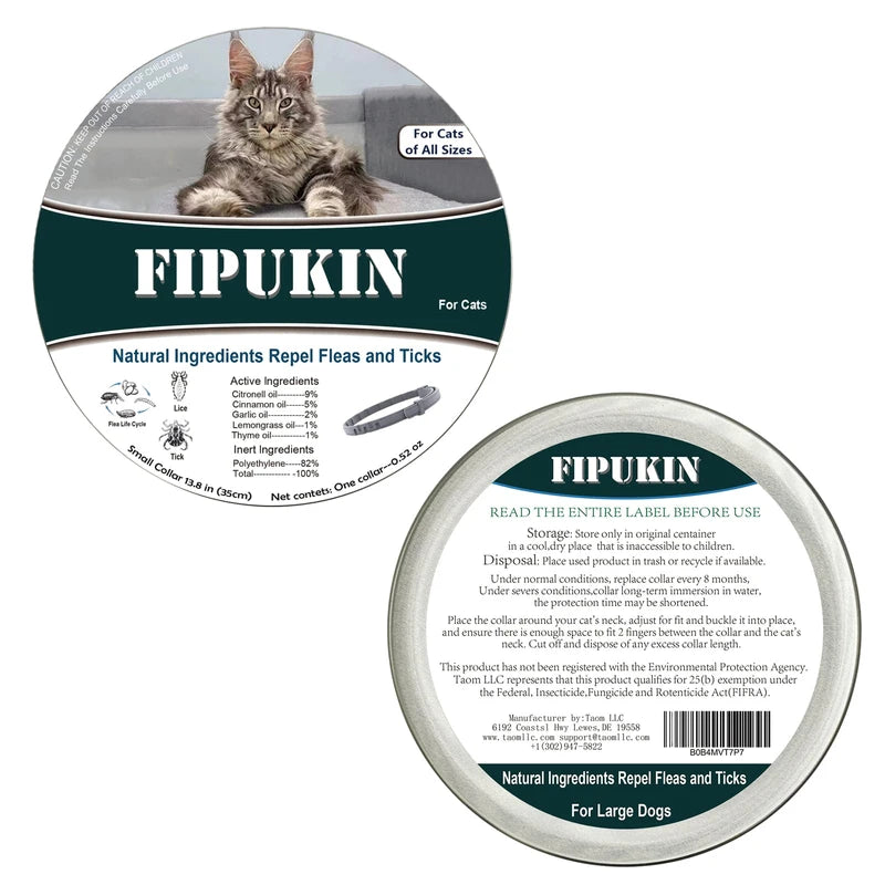 Fipukin Natural & Safe Flea and Tick Collar for Cats, 8 Months Protection, Waterproof, 13.8 inch, One Size Fits All, Free Comb and Tick Removal Tool, Prevention Treatment Drop, Charity! (1-Pack).