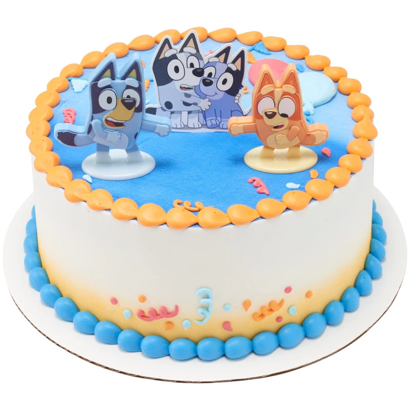 DecoSet® Bluey Dance Mode - Decoración para tartas de 3 piezas con cifras de bingo y azul y magdalenas y calcetines de polietileno, para cumpleaños, fiestas, celebración