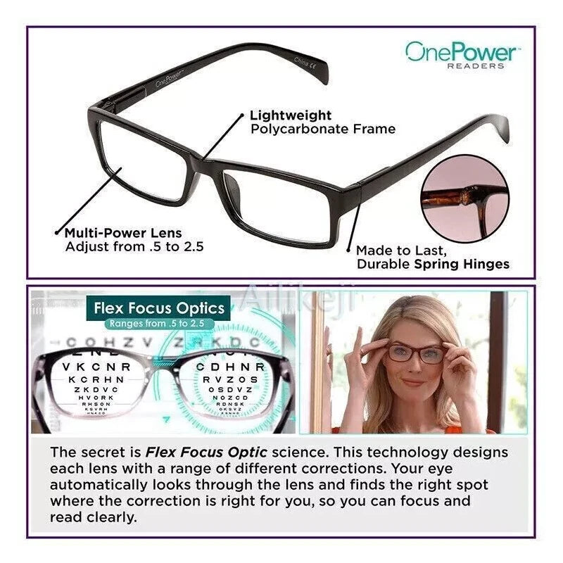 One Power Adjustable Auto Focus Reading Glasses +0.5 to +2.5 Unisex Presbyopia Readers