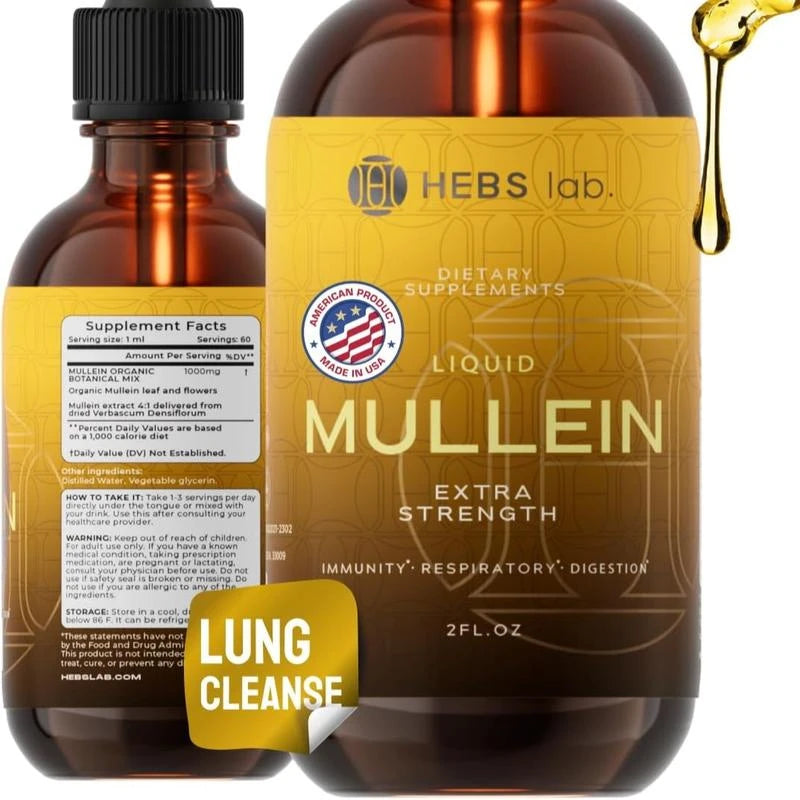 Mullein Drops - Mullein Leaf Extract - Wellness Supplement - Made in USA by HEBS lab. lung health support immune system gluten free vegan soy free - Specification: 2FL. Oz