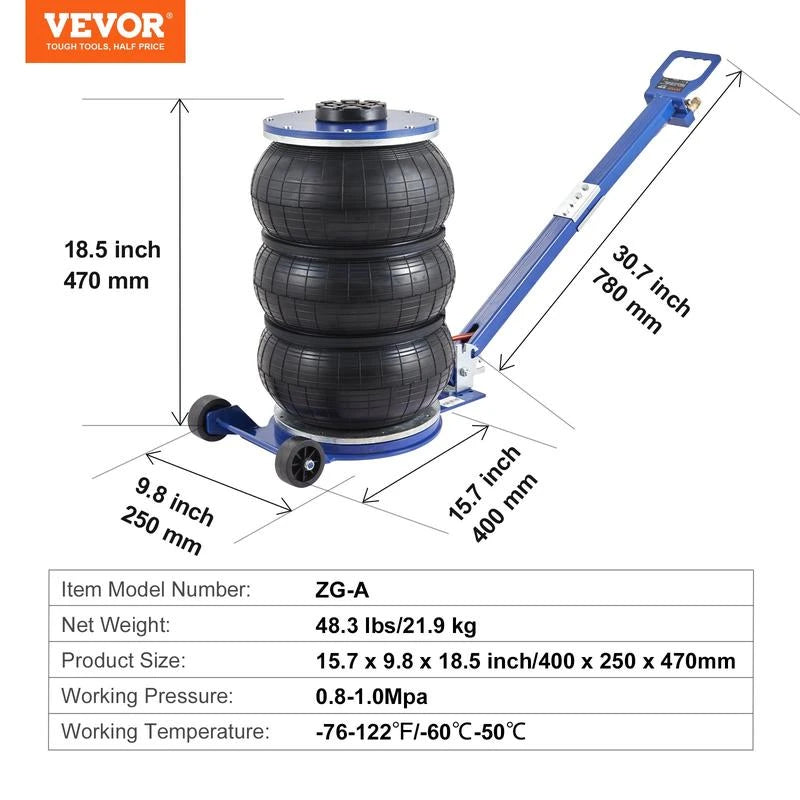 VEVOR Air Jack, 5 Ton/11000 lbs Triple Bag Air Jack, Airbag Jack with Six Steel Pipes, Lift up to 18.5 inch/470 mm, 3-5 s Fast Lifting Pneumatic Jack, with Adjustable Handle for Car, Garage, Repair,vevor air jack - Model: 5 T - Blue - Adjustable Long Han