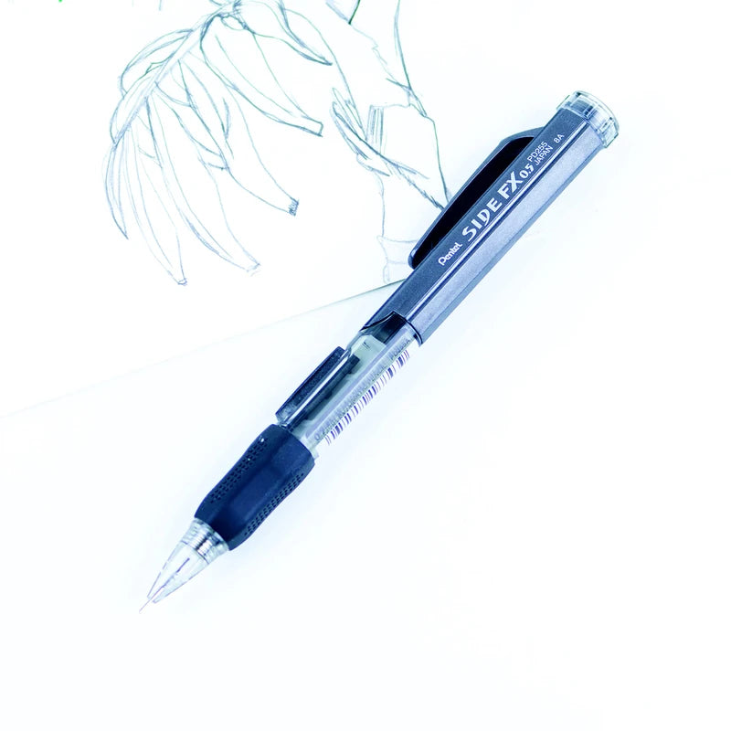 Pentel Side FX Mechanical Pencil with Side Click Lead Advance, 0.5mm Fine Point, Large Retractable Eraser, Black Barrel, PD255-A, Box of 12