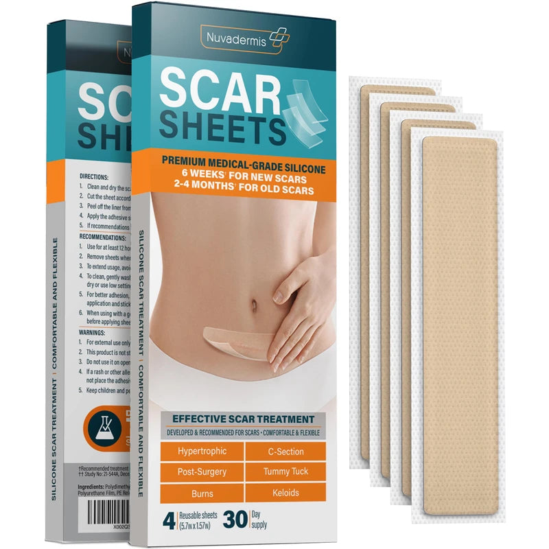 NUVADERMIS NUVADERMIS Silicone Scar Sheets - Extra Long Scar Sheets for C-Section, Tummy Tuck, Keloid, and Surgical Scars - Reusable Medical Grade Silicone Scar Sheets - Pack of 4 - Light Tone