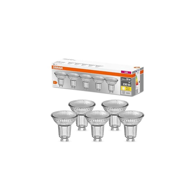 Osram LED Base PAR16, Socket: GU10, Non-Dimmable, Warm White, Replaces a Standard 35 Watt Lamp, 36 Degree Beam Angle, Pack of 5
