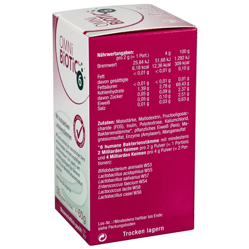 OMNi BiOTiC 6 | Glass | 30 Servings (60g) | 6 Bacterial Strains | 4 Billion Germs per Daily Dose | Powder | With Inulin | Vegan | Gluten Free | Lactose Free | For Daily Use