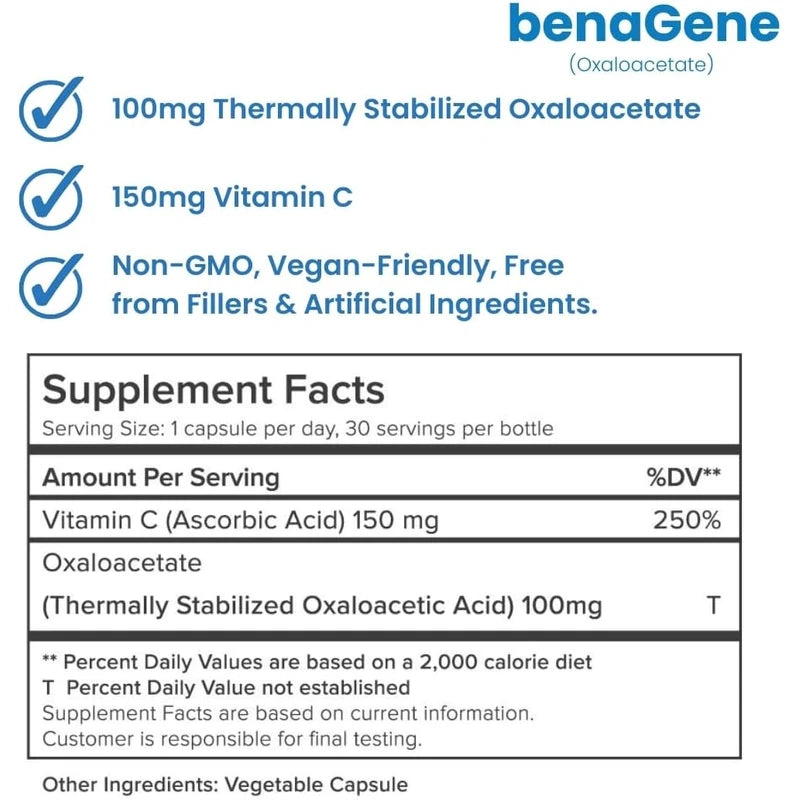 Benagene Oxaloacetate Supplement - Supports Cellular Energy - Thermally Stabilized with Vitamin C - Non-GMO & Vegan - 30 Servings, Once Daily