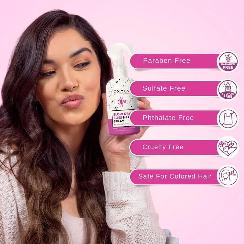 FoxyBae Heat Protectant Hair Spray – Blow Dry Bliss Thermal Heat Protector Hair Styling Products Moisturizing Spray + Biotin for Hair Growth, Anti Frizz Hairspray for Damage, Breakage, Split Ends 8 Oz