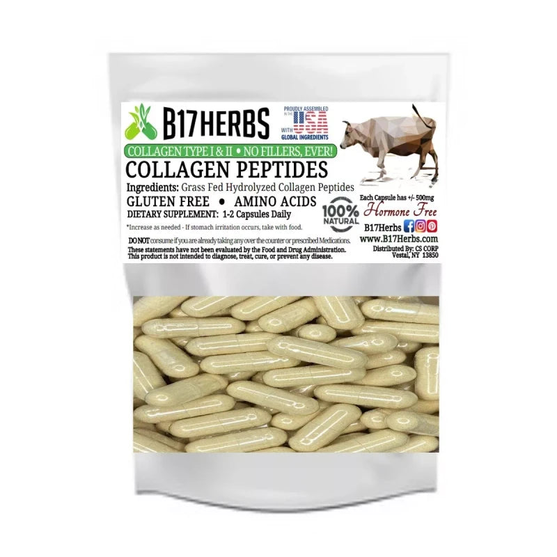 B17 Herbs Collagen Peptide Capsules - Grass Fed, Bovine, Type I & II - 100 Caps, 500mg