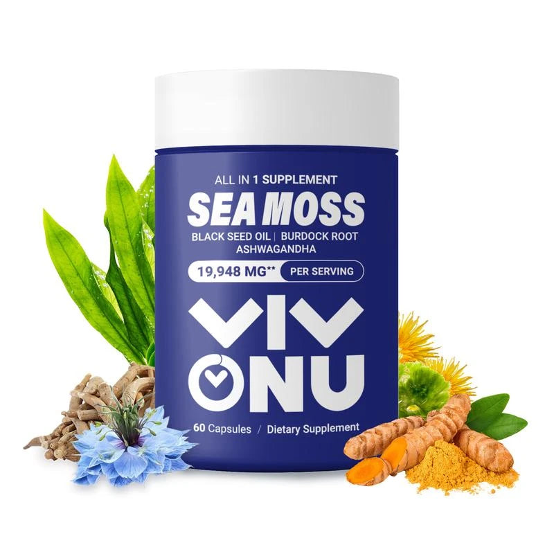 VIVONU Seamoss Ashwagandha - 60 Count - Seamoss 7000mg,Ashwagandha 2000mg, Black Seed Oil 4000mg, Turmeric 2000mg, Burdock Root 2000mg, All in 1 Supplements