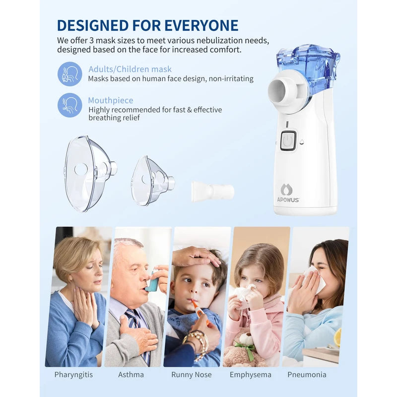 APOWUS Portable Nebulizer - Nebulizer for Adults and Kids, Nebulizer Machine for Adults and Kids with 3 Nebulizer Masks and Adjustable Nebulization Rate, Handheld and Easy to Use