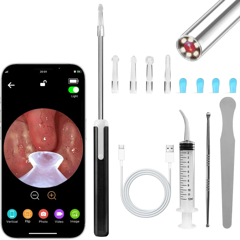 Tonsil Stone Remover Kit with Camera, Visual Tonsil Stone Removal Tool with LED Light, Rechargeable Tonsillolith Removal Tool with 4 Head - Fight Bad Breath - Attachments for iOS & Android(Black)