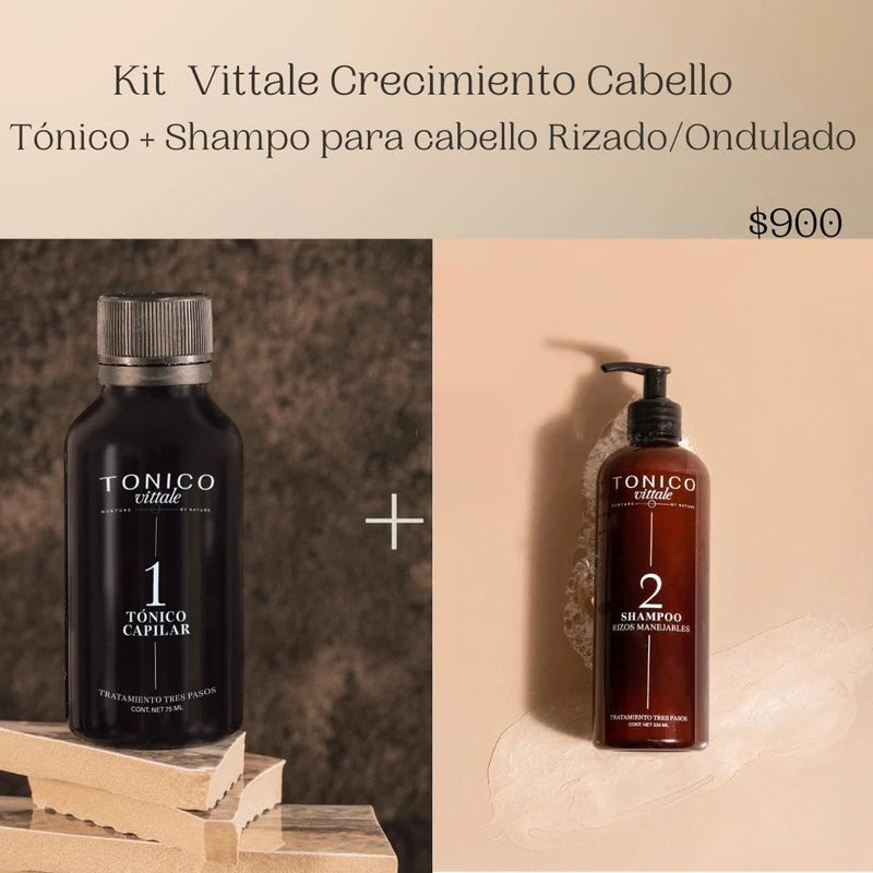 Tonico Vittale Kit 2 Paquete Tónico Y Shampoo Para Cabello Rizado| Unisex | Paso 1 y 2 | Crecimiento Y Fortalecimiento Capilar | Brillo Y Reconstrucción | Control del Frizz | 100% Ingredientes Naturales