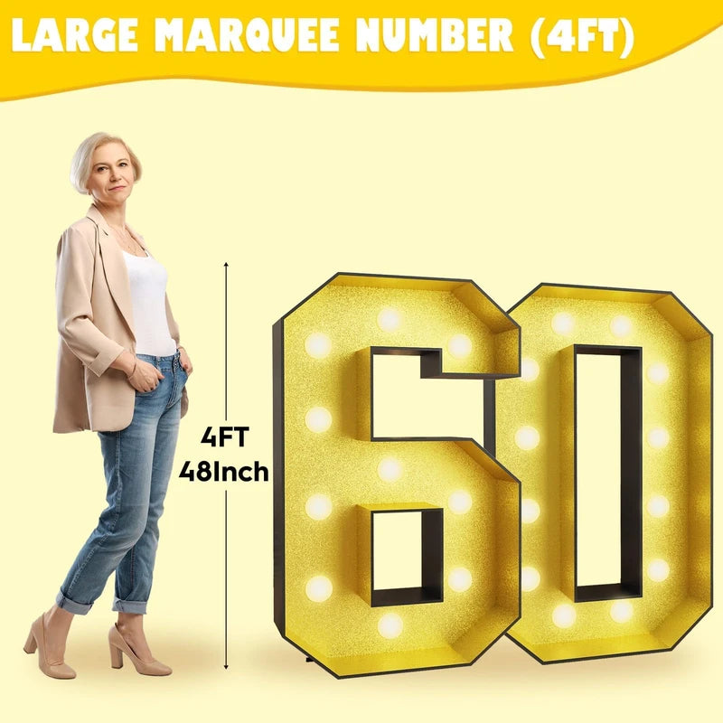 4FT Marquee 60 Numbers, Light Up 60 Glitter Gold Giant Marquee Mosaic Numbers Frame Light Up Numbers for 60th Birthday Party Decorations Mosaic Number 4,DIY Frame Pre-Cut Foam Board Kit