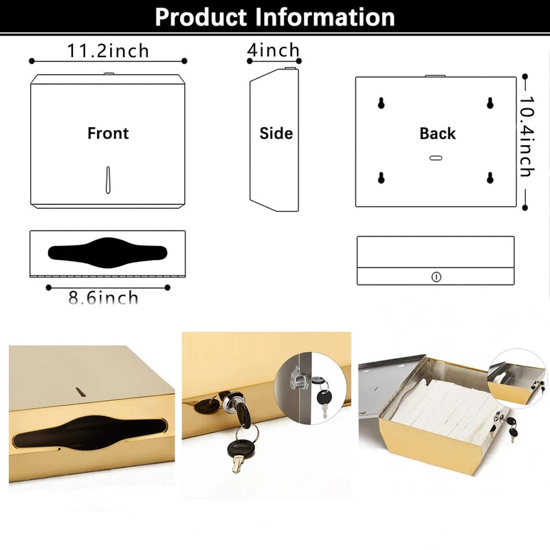 Comercial Paper Towel Dispenser Wall Mount, Stainless Steel Hand Towel Dispenser with Lock, Trifold/C Fold Paper Towel Holder for Bathroom Kitchen Office Public Places, Large Capacity Tissue Holder