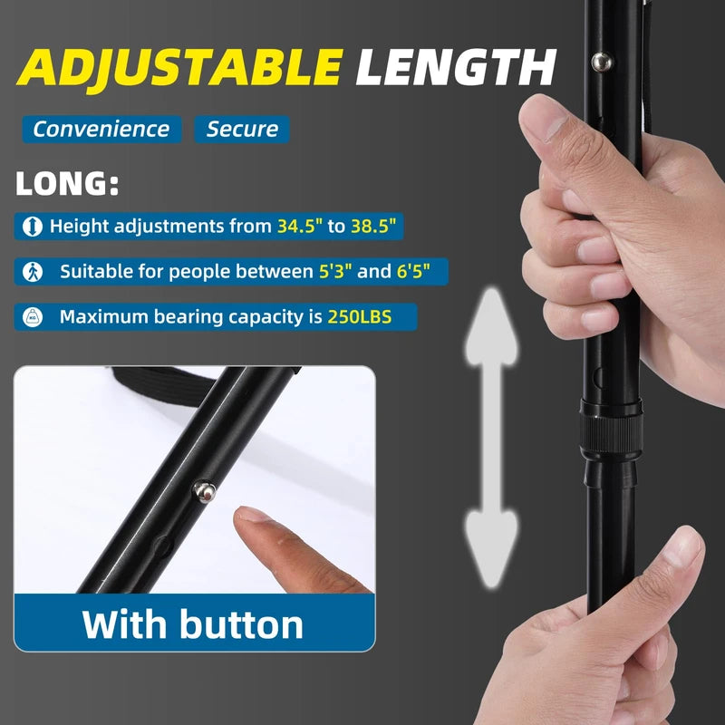 Folding Cane With Led Light And Alarm, With Side Handle, Folding, Adjustable Cane Suitable For Arthritis Disabled And Elderly, Cane With Cushioned T Handle And Swivel Four Pedestal, WalkingCanes,Black