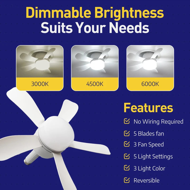 Wunder Cool Socket Fan Light, Small Ceiling Fans with Lights & Remote, E26 Base Screw in Ceiling Fan in Light Socket Fan Light Bulb with 5 Light Modes & 3 Fan Speed Levels