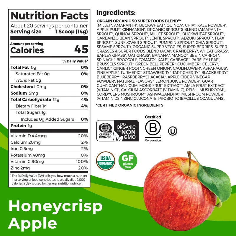 Greens Powder + Superfoods Immune Support, Orgain Organic Immunity Up! Powder, Honeycrisp Apple - Vitamin D, Vitamin C, Zinc, Apple Cider Vinegar, Probiotics, Ashwagandha & Reishi Mushrooms - 0.62lb