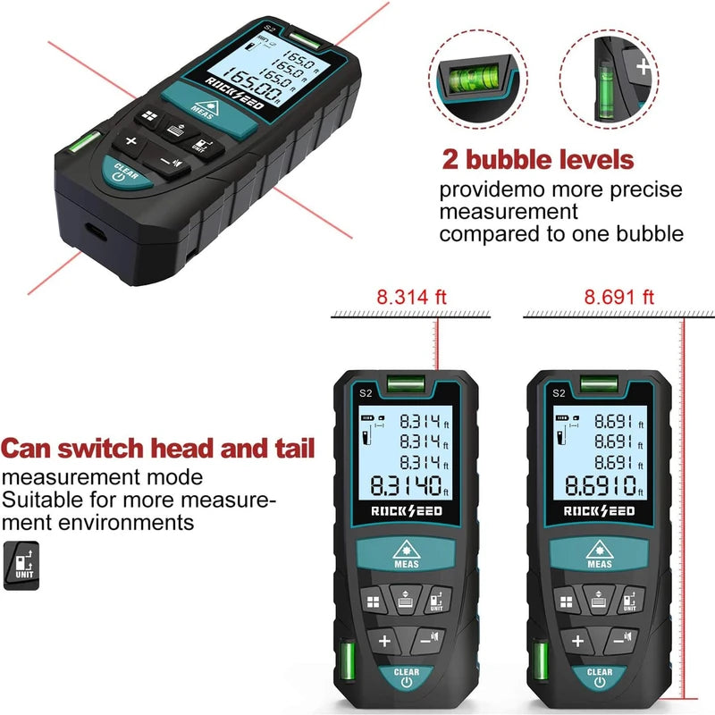 Mileseey S2 IP54 Digital Laser Rangefinder, Distance Measurement Device with 2 bubble levels, LCD Backlight, m/inches/feet with Multiple Measuring Modes such as Pythagoras/Distance/Area/Volume, IP54