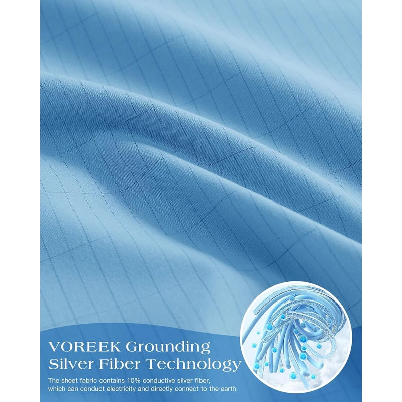 Grounding Fitted Sheets 10% Pure Silver Fiber+90% Cotton, Grounded Sheet Earth Sheets Bedding for Ground Your Body Gain More Energy, (Twin - 39"x 75"x 15" Blue), Grounding Cord Included
