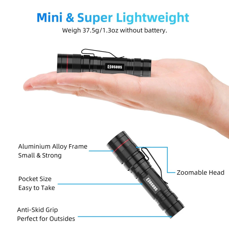 COSOOS 3 Mini LED Tactical Flashlights with Clip, 3.7inch Zoomable Bright AA Flashlight High Lumen, Pocket-Size Penlight, 1 Light Mode, Small Portable Waterproof Pen Flash Light for Camping