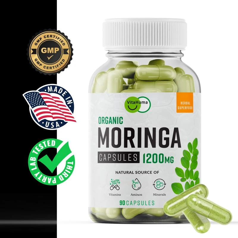 Vitahuma Organic Moringa, Nutrient-Dense Antioxidant Support With Vitamin C, A, E, Calcium, Potassium, Iron, Magnesium, Protein & Amino Acids for Hydration & Energy, Vegan, 1200 MG Per Serving, 30 Day Supply