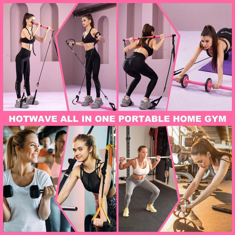 HOTWAVE Pilates Bar Kit with Resistance Bands, Pilates Equipment with AB Roller Multifunctional Stretched Fusion Pilates Bar - Portable Pilate Bar for Abs Workout, Exercise Fitness for Home Gym