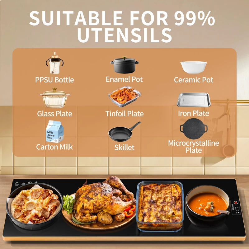 Electric Warming Tray(Extra Long 40”x12”),Food Warmer with Thermostat and Full Surface Heating,Food Warming Mat with 2 Temperature Modes for Parties Buffet,Gatherings,Gold Edge Warming Mat for Food