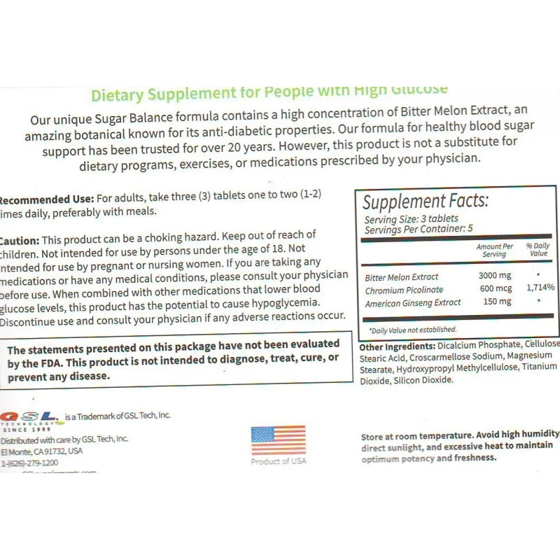 GSL Technology 3 Pack Sugar Balance Supplement for People with High Glucose 45 Tablets
