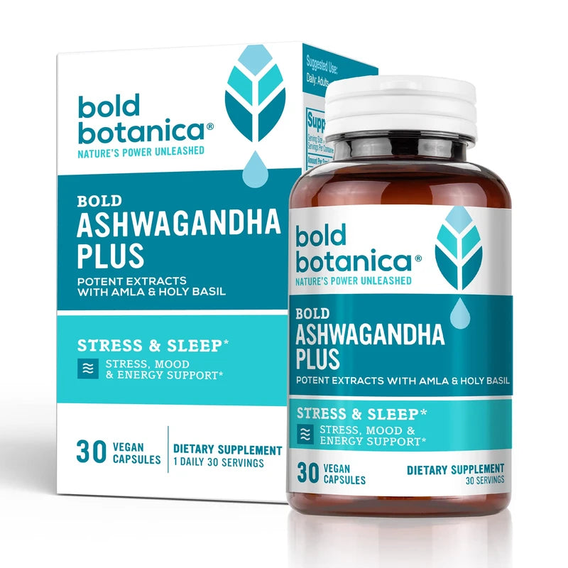 Bold Botanica Bold Ashwagandha Plus –Stress, Mood, Memory & Energy Support - Potent Extracts with Amla & Holy Basil -Triple Adaptogenic Formula—One Capsule Daily- 30 Vegan Caps (1)