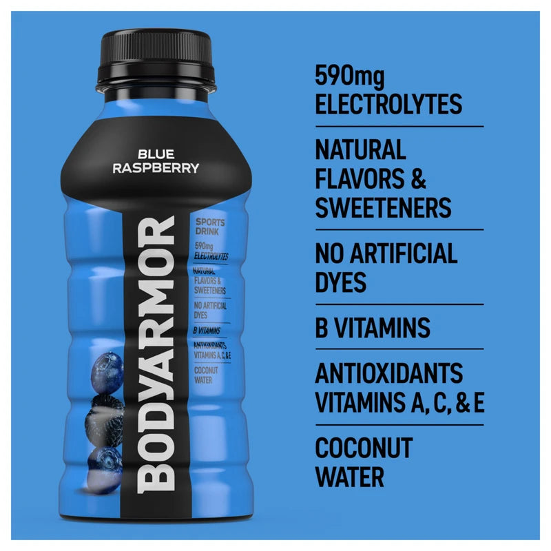 BODYARMOR Sports Drink Sports Beverage, Blue Raspberry, Natural Flavors With Vitamins, Potassium-Packed Electrolytes, No Preservatives, Perfect For Athletes, 12 ounce (Pack of 8)