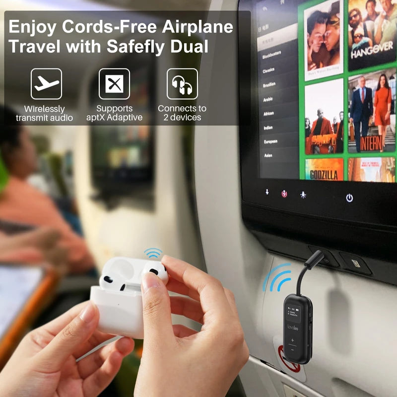 SafeFly Dual Premium Bluetooth 5.3 Transmitter Bluetooth Adapter w/Screen for AirPods or Wireless Headphones - Use with Any 3.5 mm Audio Jack for Airplanes, TV, MP3 Player, PC, Switch