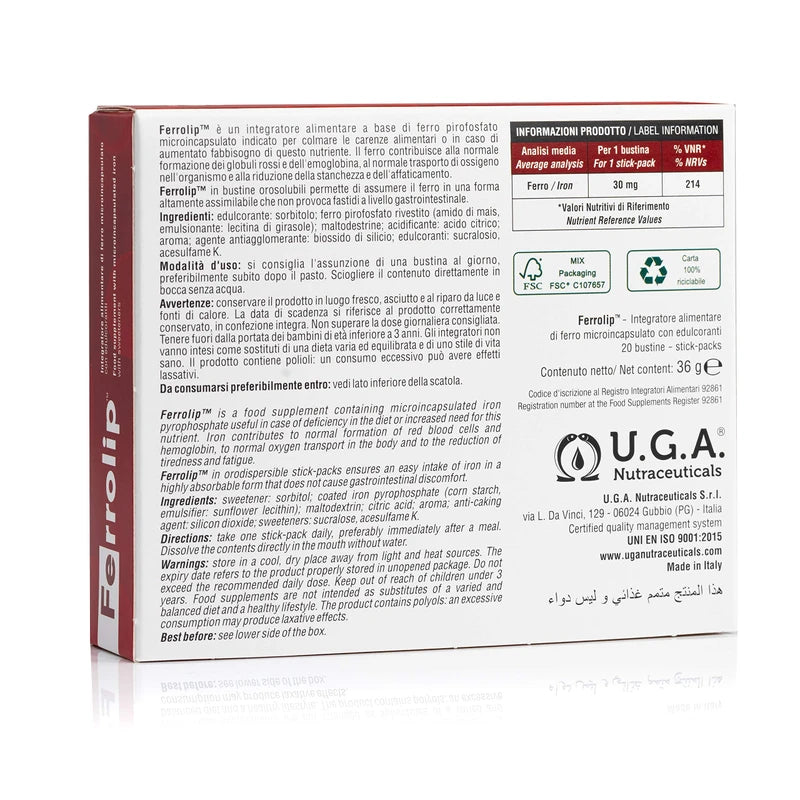 Ferrolip - Microencapsulated Iron Supplement - For Women of Reproductive Age and Pregnant Women - Lemon Flavour - 20 Single Dose Buccal Bags