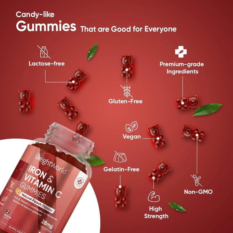 Iron Gummies with Vitamin C - 28mg - 120 Ferrous Fumarate Gummies (2 Months Supply) - Tasty Alternative to Iron Tablets - Immunity & Energy Supplements - Vegan Iron Supplements for Women & Men