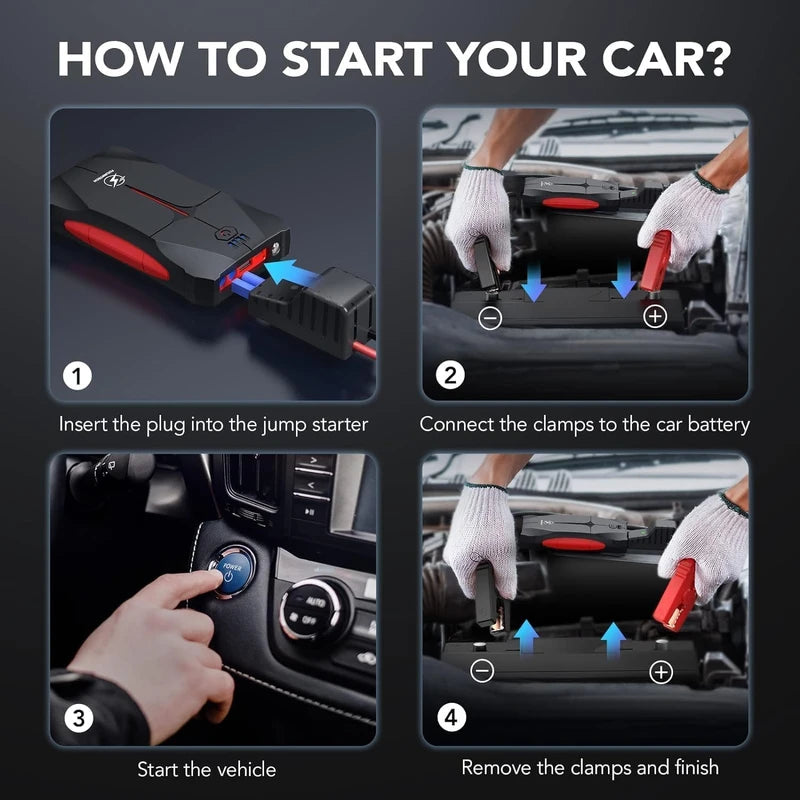 FLYLINKTECH Jump Starter Power Bank, 2500 A Peak Current Portable Car Jump Starter 12 V for 6.0 L Petrol and 5.0 L Diesel Engine, IP66 Waterproof Starter Power Bank with LED Torch