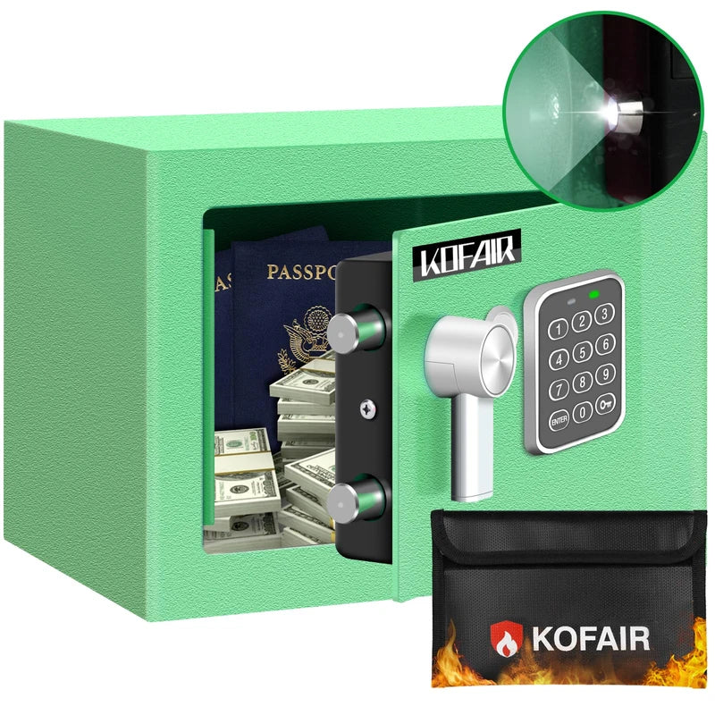 KOFAIR Safe with Fireproof Bag, Personal Mini Digital Money Lock Box (Green) - 0.23 Cubic Feet
