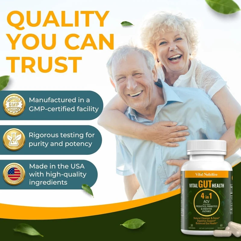 Vital Gut Health 4-in-1 Formula – Apple Cider Vinegar, Prebiotics & Probiotics, Digestive Enzymes for Immunity & Complete Gut Support