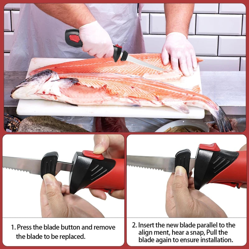 Mershca Cordless Electric Fillet Knife, with 8in Fully Serrated S.S. Coated Non-Stick Reciprocating Blades & Cooling Hole Non-Slip Grip Handle & Practical handbag, Rechargeable Electric Knife for Fishing