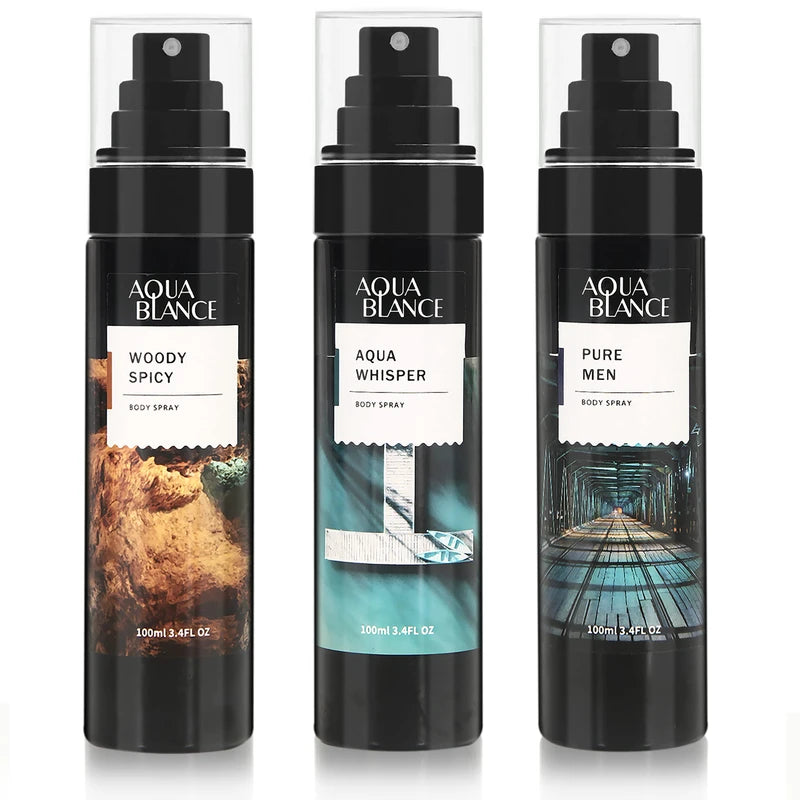 AQUA BLANCE Body Spray for Men, Fragrance Mens Body Spray, Pack of 3, Each 3.4 Fl Oz, Total 10.2 Fl Oz, Refreshing Cologne Spray