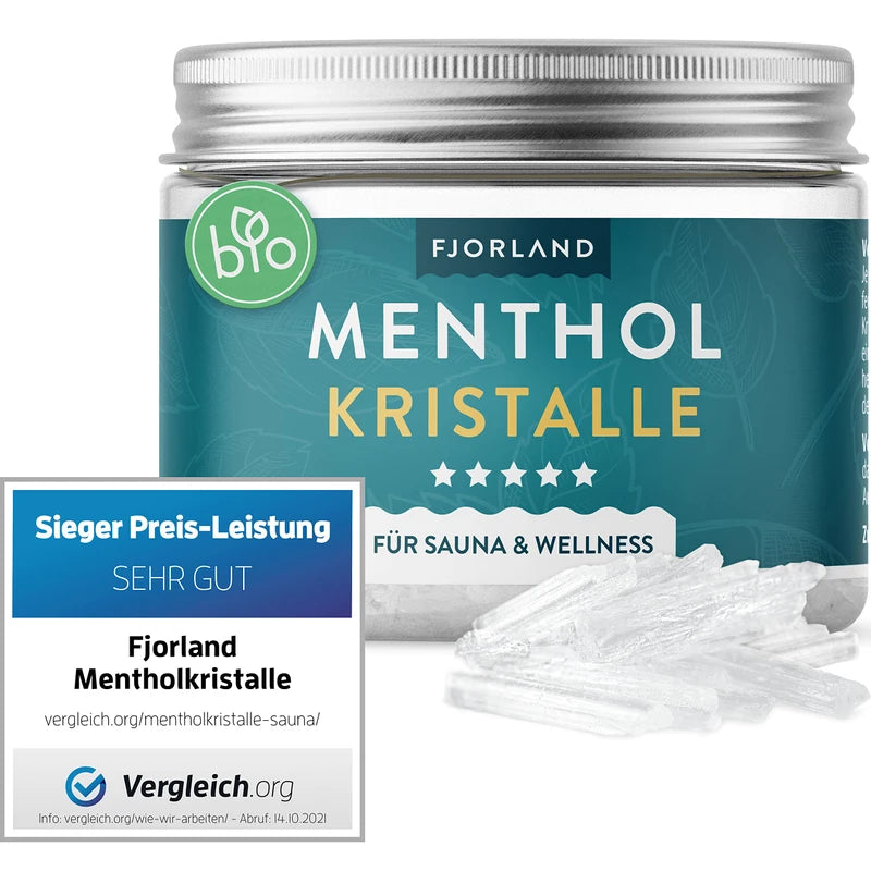 FJORLAND® - Menthol Crystals 100g - Premium Quality for Sauna - Crystals Made of Menthol - Sauna Infusions - In Resealable Tin - 100% Natural Ingredients