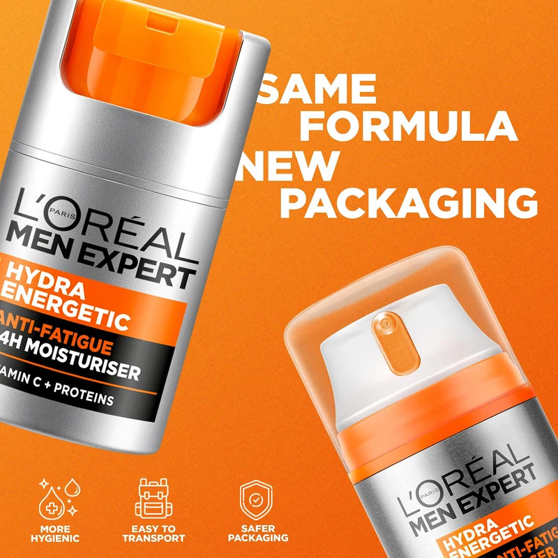 L'Oréal Paris Moisturiser For Men, For Dry and Tired Skin, With Guarana and Vitamin C, Long-Lasting Hydration, Men Expert Hydra Energetic, 50ml