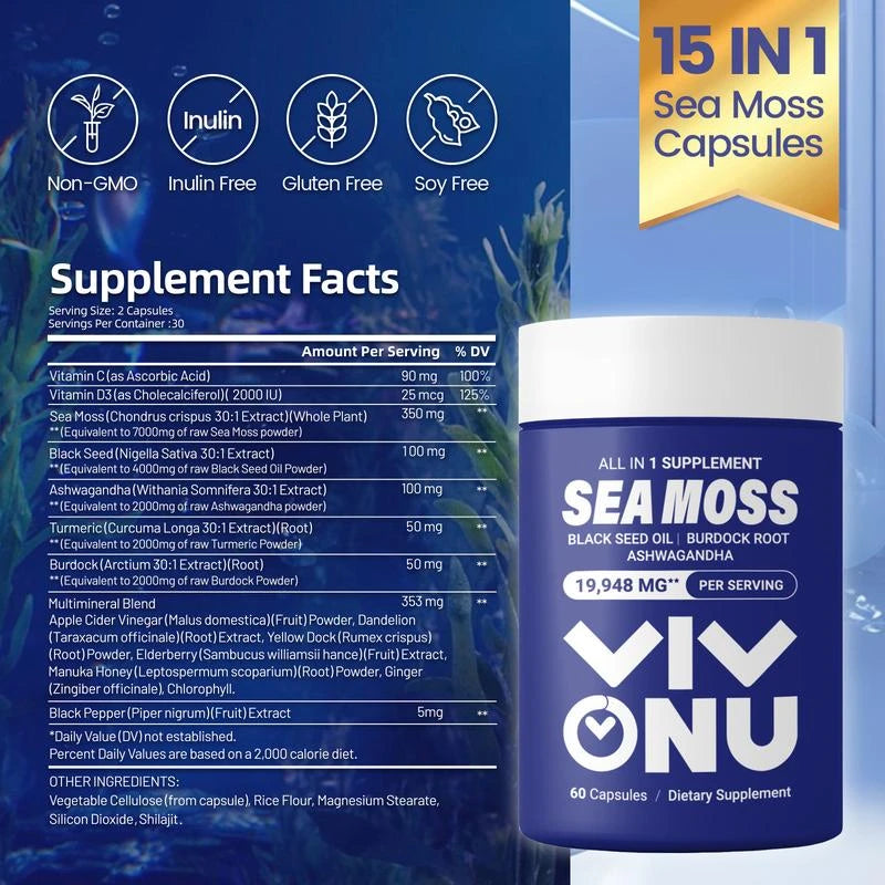 VIVONU Seamoss Ashwagandha - 60 Count - Seamoss 7000mg,Ashwagandha 2000mg, Black Seed Oil 4000mg, Turmeric 2000mg, Burdock Root 2000mg, All in 1 Supplements
