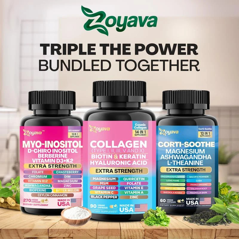 She Shines Set - Zoyava Ultimate Women's All-in-One Supplement with Corti-Soothe, Myo-Inositol, Collagen & Extra Strength Ingredients - Made in USA
