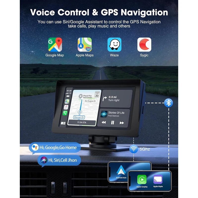 LAMTTO Portable Carplay Screen for car Android Auto Car Stereo with Car Play 7 Inch HD Touch Screen, Bluetooth 5.0 Car Stereo Receivers, AirPlay, GPS Navigation