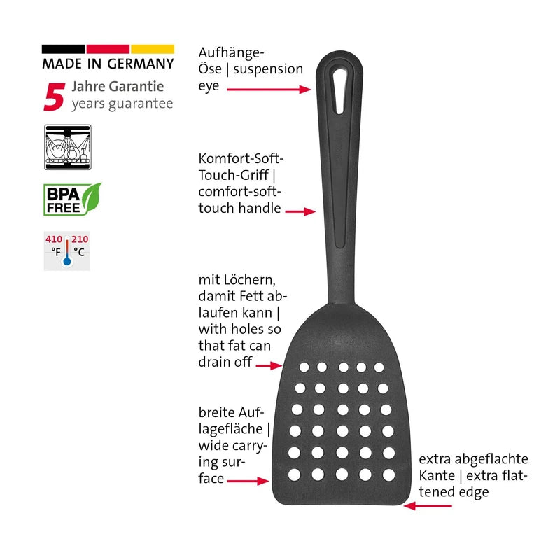 Westmark Set of 2 Spatulas, Wide Surface and Special Flattened Edge, Plastic, Gentle, Black, 283722E3, 310 x 93 x 35 mm