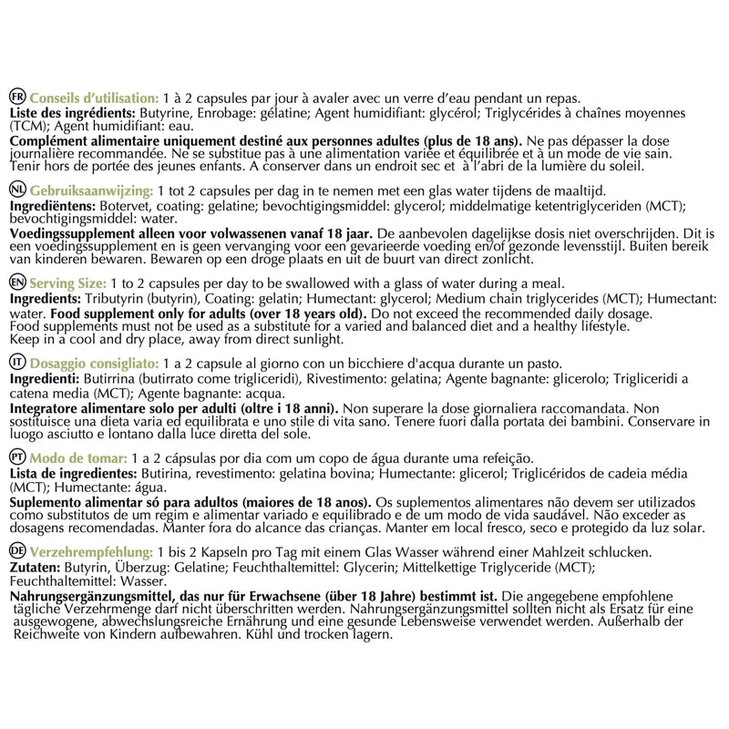 Optim Butycaps 60 Capsules - Liquid Butyrin 450 mg - Butyric Acid Butyrate - Transit, Colon & Leak Bowel - Dietary Supplement