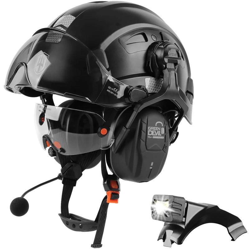 GREEN DEVIL Hard Hat Safety Helmet with Visor Bluetooth Ear Muffs and Headlamp 5 in 1 Full Protection Vented Work Hardhat ANSI Z89.1 Cascos De Construccion for Industrial Construction Forestry